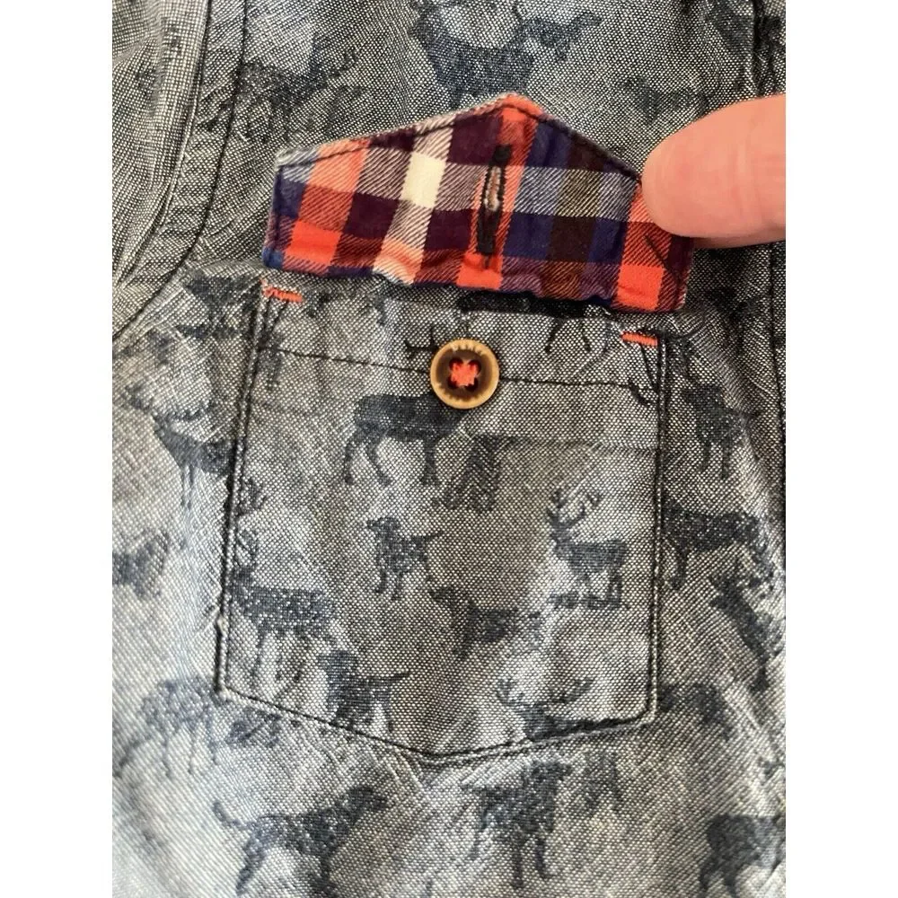Ted Baker Baby Boys 2T Blue Denim Button‎ Up Shirt Dressy Woodland Deer Dogs